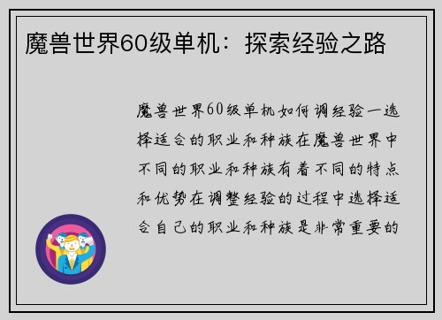 魔兽世界60级单机：探索经验之路